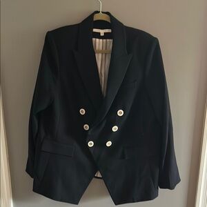 Veronica Beard Dark Navy Double-Breasted Blazer with White Buttons